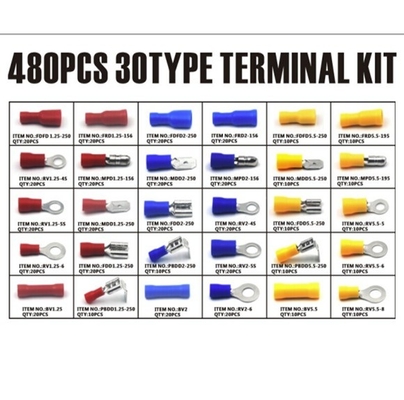 480pcs 단열 터미널 전기 크림 커넥터 엉덩이 스파드 링 포크 터미널 세트 키트